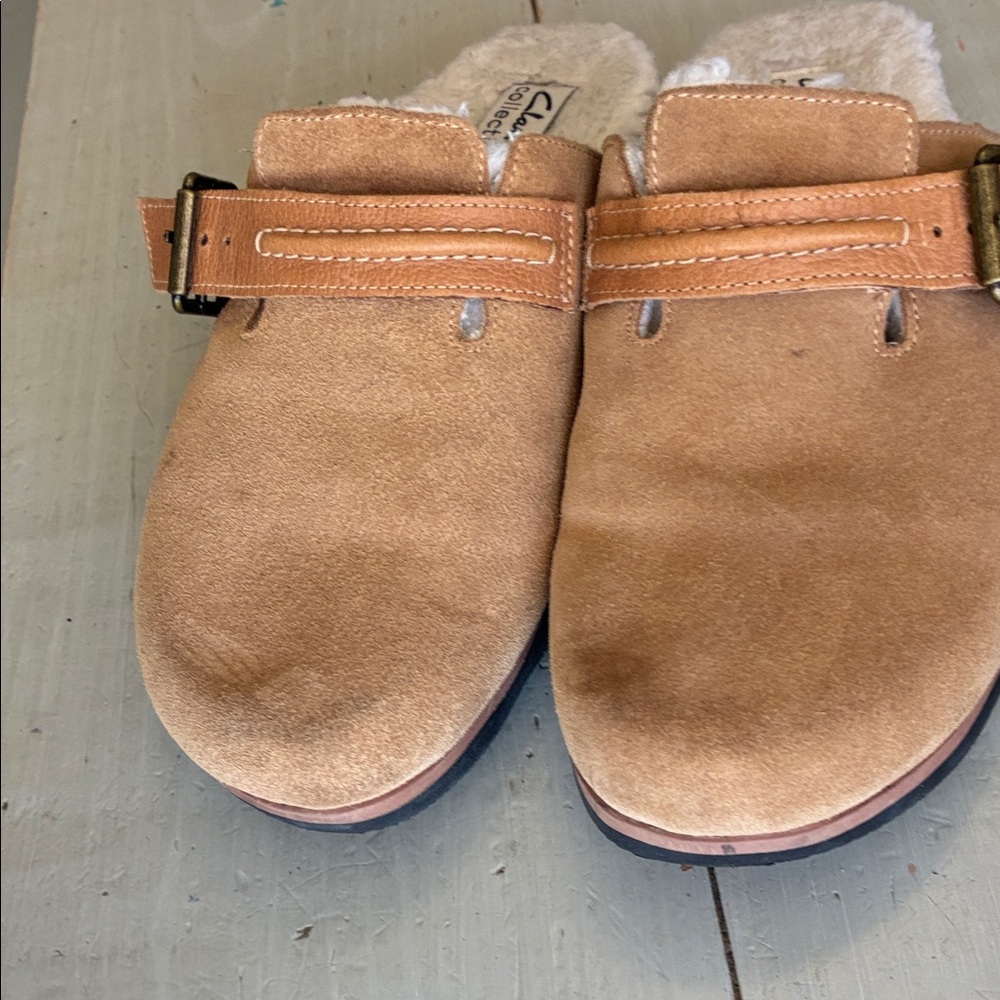 Clarks tan Suede Slip-On Clogs with Buckles